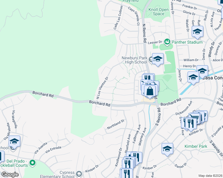 map of restaurants, bars, coffee shops, grocery stores, and more near 3992 Santa Tomas Place in Thousand Oaks