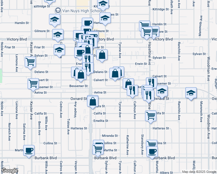 map of restaurants, bars, coffee shops, grocery stores, and more near 14348 Bessemer Street in Los Angeles