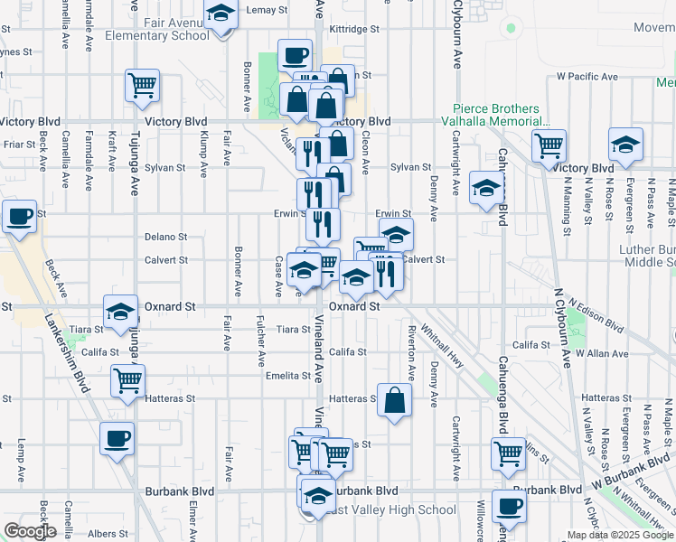 map of restaurants, bars, coffee shops, grocery stores, and more near 6049 Craner Avenue in Los Angeles