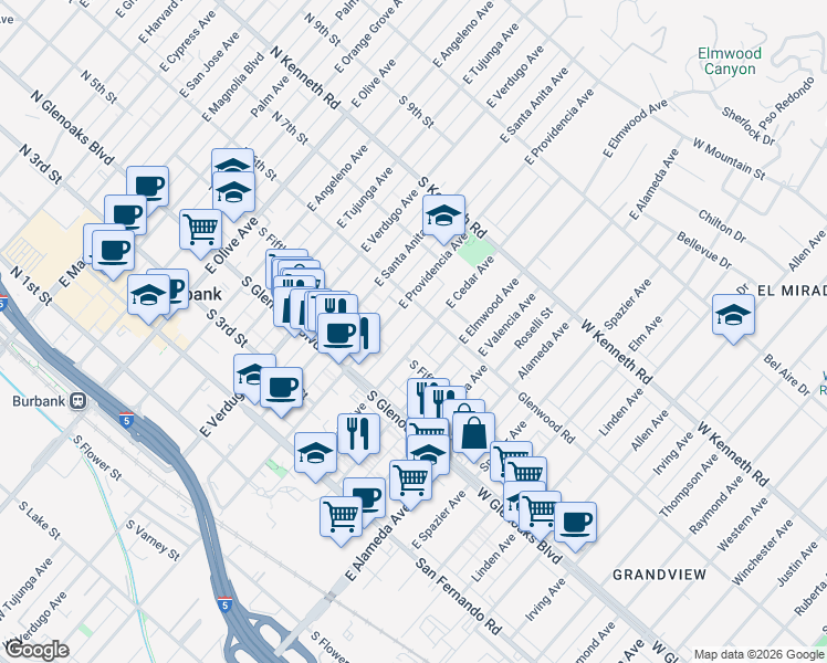 map of restaurants, bars, coffee shops, grocery stores, and more near 523 East Cedar Avenue in Burbank