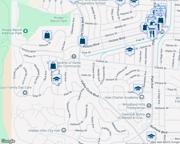 map of restaurants, bars, coffee shops, grocery stores, and more near 24210 Aetna Street in Los Angeles