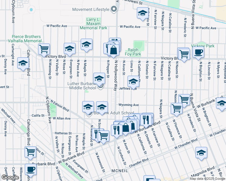 map of restaurants, bars, coffee shops, grocery stores, and more near 1799 North Hollywood Way in Burbank