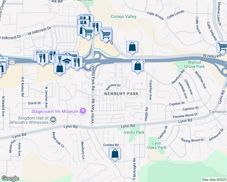 map of restaurants, bars, coffee shops, grocery stores, and more near 1283 Alessandro Drive in Thousand Oaks
