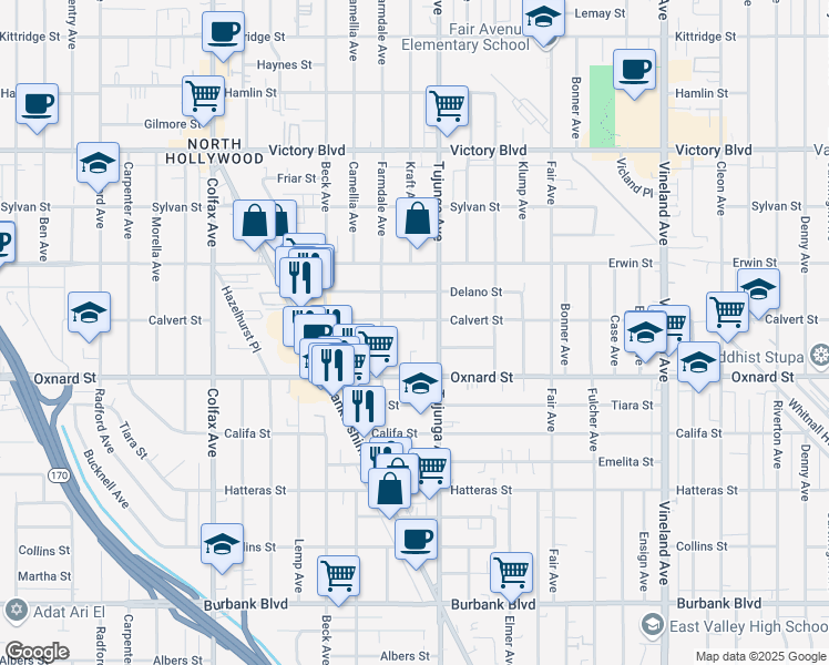 map of restaurants, bars, coffee shops, grocery stores, and more near 11426 Calvert Street in Los Angeles