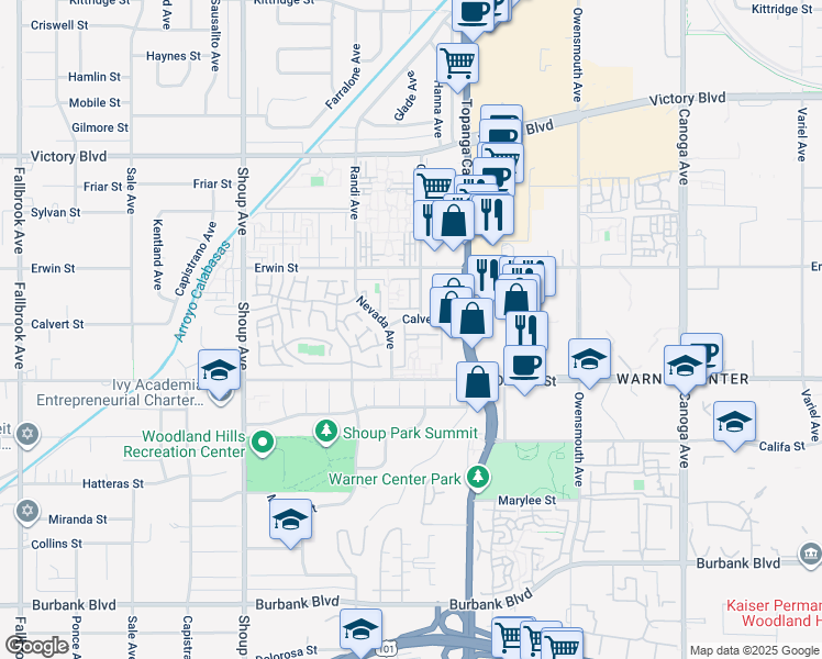 map of restaurants, bars, coffee shops, grocery stores, and more near 22050 Calvert Street in Los Angeles