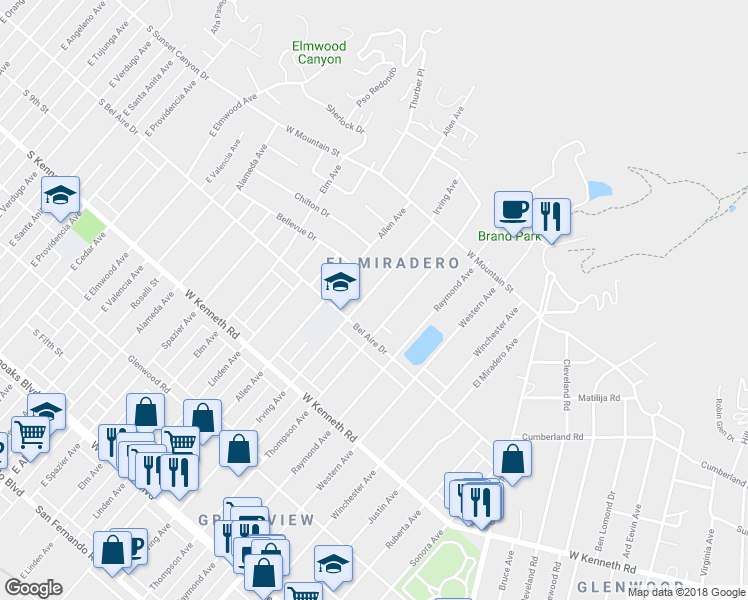 map of restaurants, bars, coffee shops, grocery stores, and more near 1430 Irving Avenue in Glendale