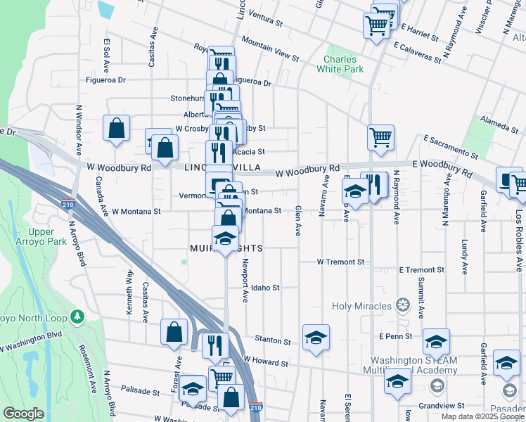 map of restaurants, bars, coffee shops, grocery stores, and more near 336 West Montana Street in Pasadena