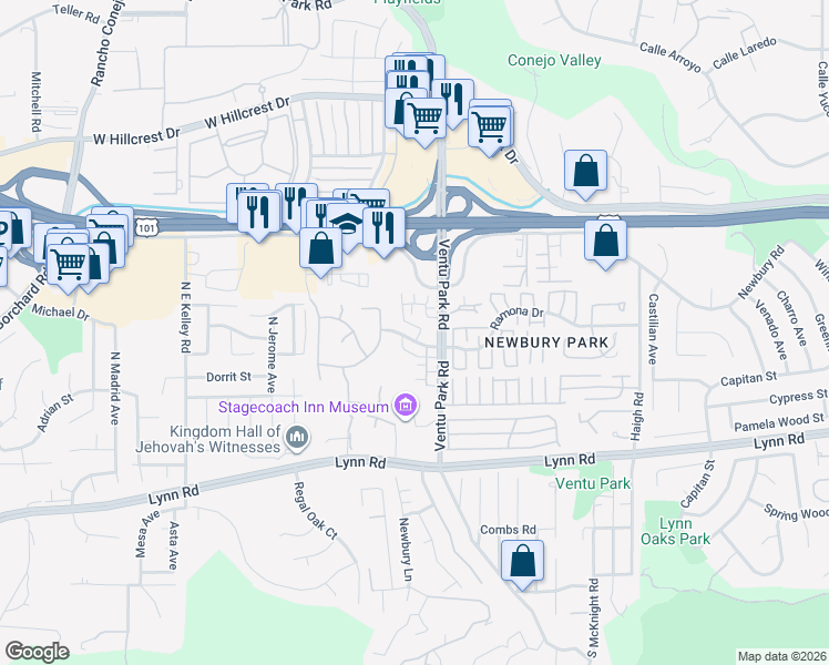 map of restaurants, bars, coffee shops, grocery stores, and more near 1575 Silver Shadow Drive in Thousand Oaks