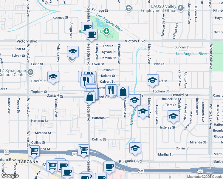 map of restaurants, bars, coffee shops, grocery stores, and more near 18328 Bessemer Street in Los Angeles
