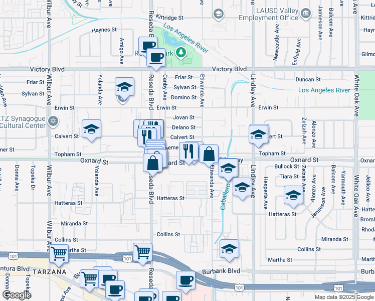 map of restaurants, bars, coffee shops, grocery stores, and more near 18334 Bessemer Street in Los Angeles