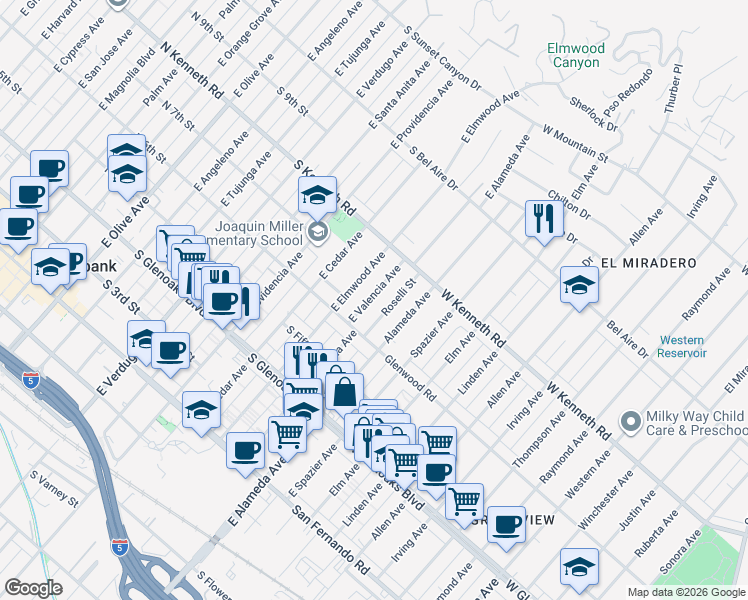 map of restaurants, bars, coffee shops, grocery stores, and more near 634 East Valencia Avenue in Burbank