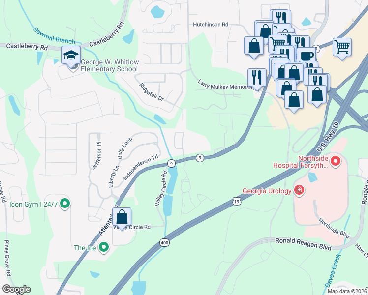 map of restaurants, bars, coffee shops, grocery stores, and more near 1012 Firethorne Pass in Cumming
