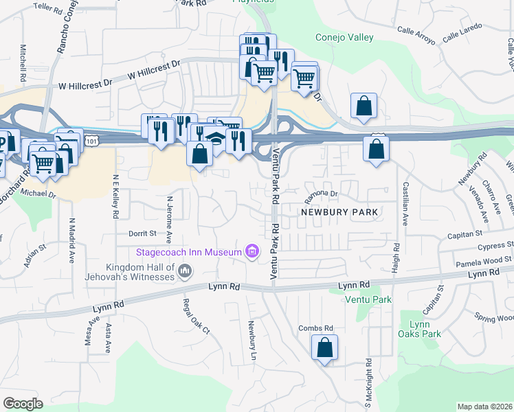 map of restaurants, bars, coffee shops, grocery stores, and more near 1575 Silver Shadow Drive in Thousand Oaks