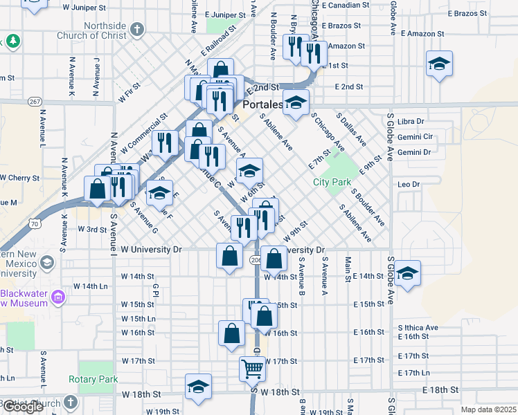 map of restaurants, bars, coffee shops, grocery stores, and more near 620 South Avenue B in Portales