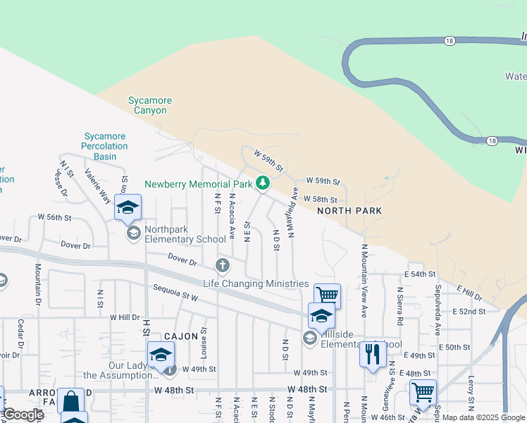 map of restaurants, bars, coffee shops, grocery stores, and more near in San Bernardino County