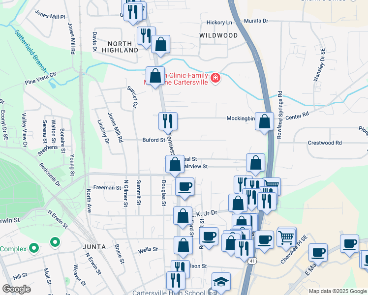 map of restaurants, bars, coffee shops, grocery stores, and more near 7 Townsley Drive in Cartersville