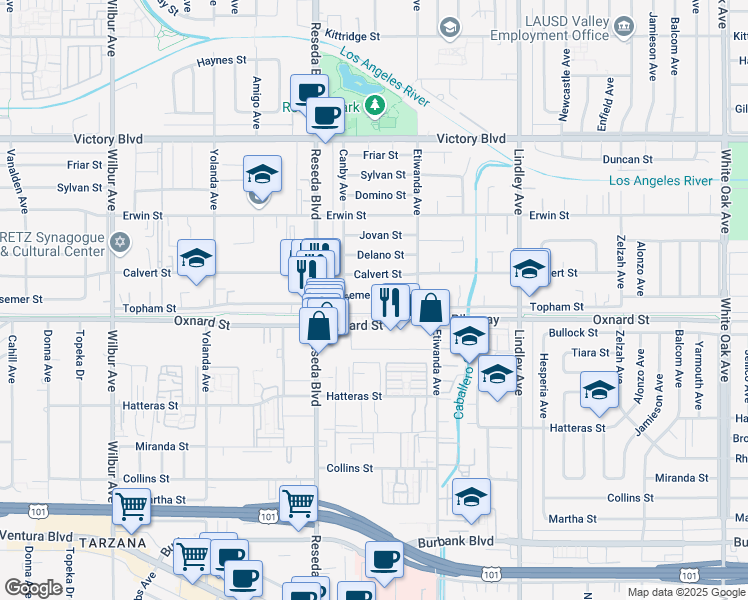 map of restaurants, bars, coffee shops, grocery stores, and more near 18352 Bessemer Street in Los Angeles