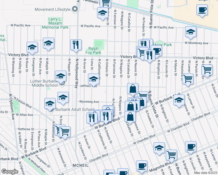 map of restaurants, bars, coffee shops, grocery stores, and more near 1450 North Ontario Street in Burbank