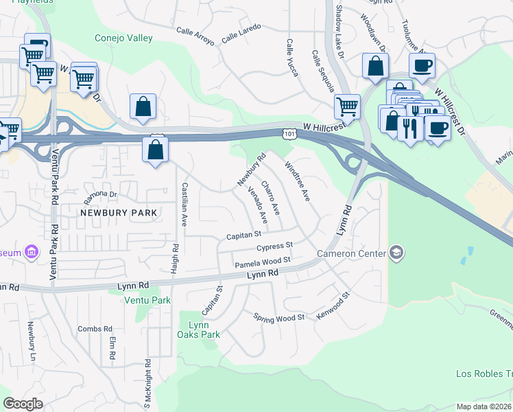map of restaurants, bars, coffee shops, grocery stores, and more near 207 Venado Avenue in Thousand Oaks