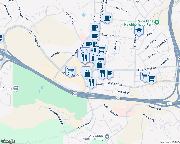 map of restaurants, bars, coffee shops, grocery stores, and more near 35 North Moorpark Road in Thousand Oaks