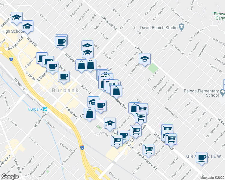map of restaurants, bars, coffee shops, grocery stores, and more near 421 East Santa Anita Avenue in Burbank