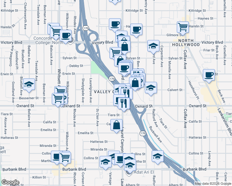 map of restaurants, bars, coffee shops, grocery stores, and more near 6050 Vantage Avenue in Los Angeles