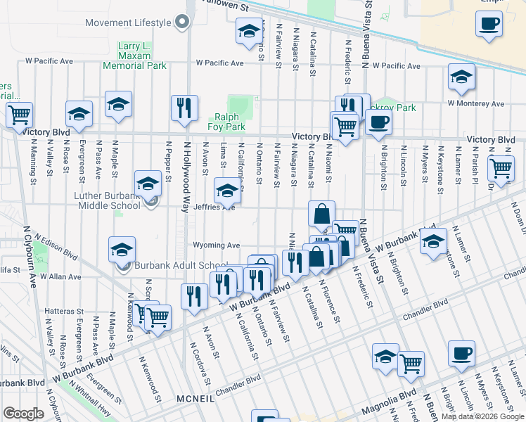 map of restaurants, bars, coffee shops, grocery stores, and more near 1450 North Ontario Street in Burbank