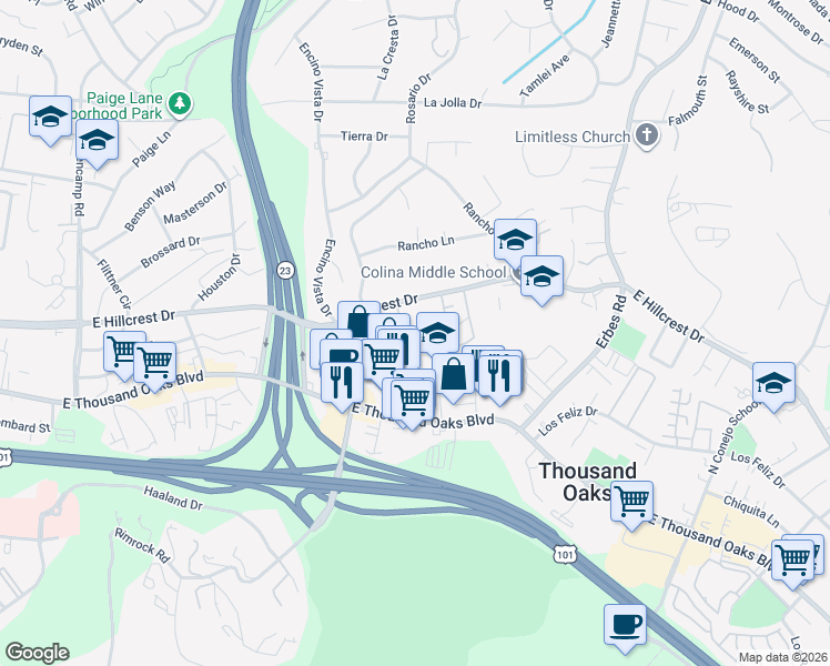 map of restaurants, bars, coffee shops, grocery stores, and more near 160 Gazania Court in Thousand Oaks