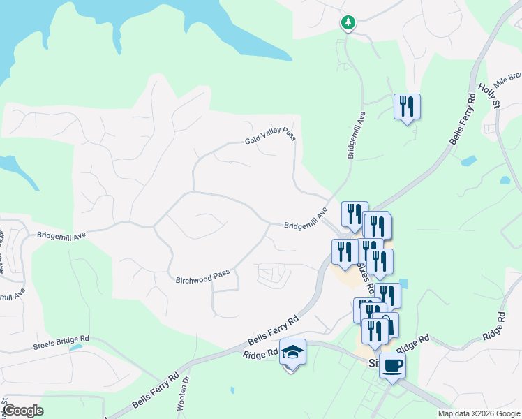 map of restaurants, bars, coffee shops, grocery stores, and more near 1132 Bridge Mill Avenue in Canton