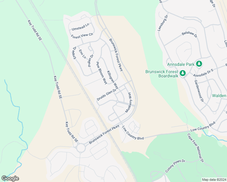 map of restaurants, bars, coffee shops, grocery stores, and more near Druids Glen Drive in Leland