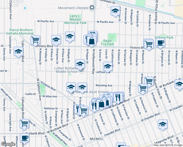 map of restaurants, bars, coffee shops, grocery stores, and more near 1799 North Hollywood Way in Burbank