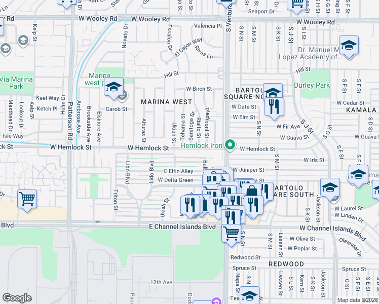 map of restaurants, bars, coffee shops, grocery stores, and more near 1730 West Hemlock Street in Oxnard
