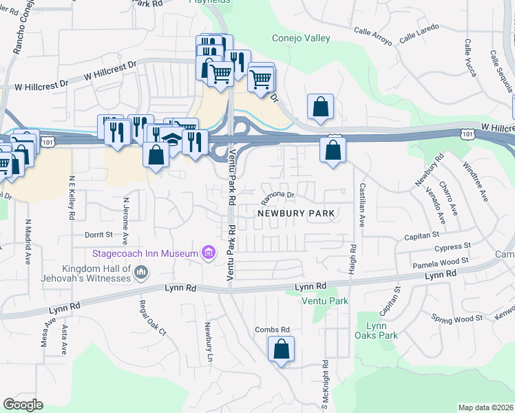 map of restaurants, bars, coffee shops, grocery stores, and more near 1373 Ramona Drive in Thousand Oaks