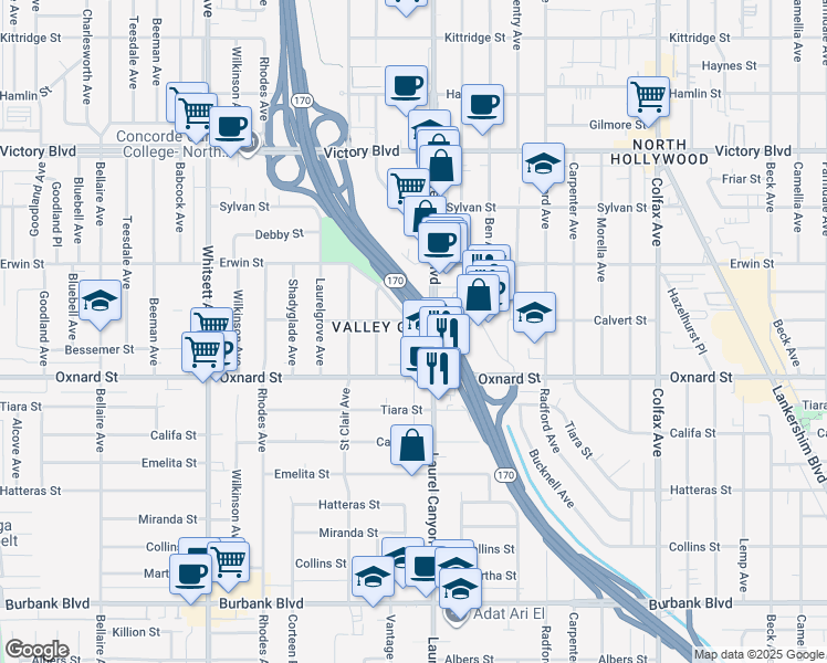 map of restaurants, bars, coffee shops, grocery stores, and more near 6050 Vantage Avenue in Los Angeles