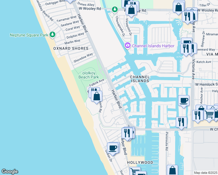 map of restaurants, bars, coffee shops, grocery stores, and more near 1913 Majorca Drive in Oxnard