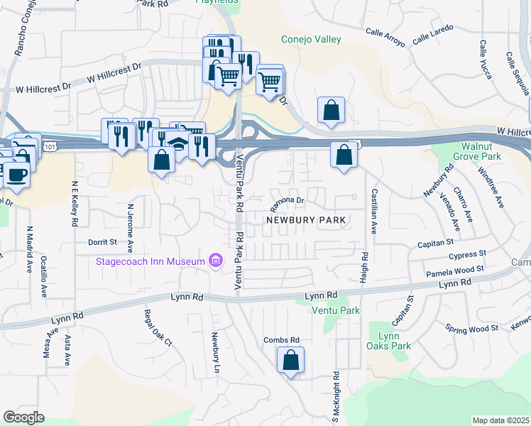 map of restaurants, bars, coffee shops, grocery stores, and more near 1373 Ramona Drive in Thousand Oaks
