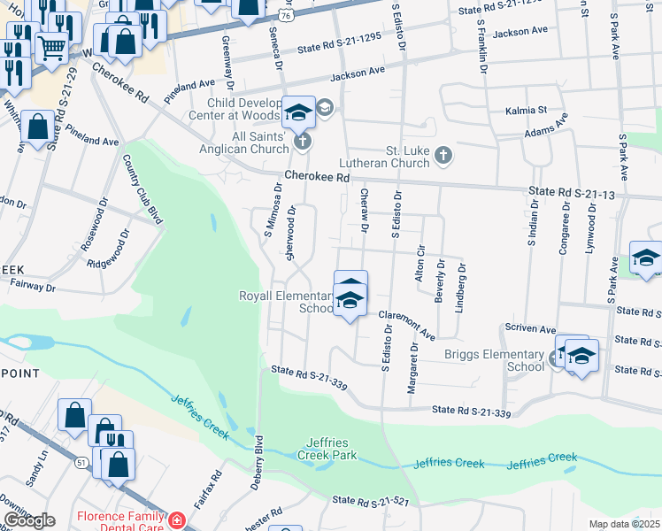 map of restaurants, bars, coffee shops, grocery stores, and more near 1017 Woodstone Drive in Florence