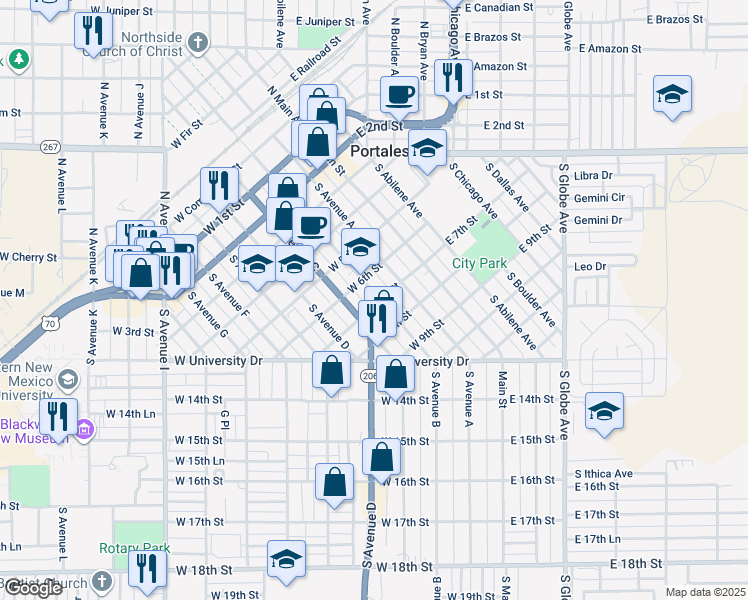 map of restaurants, bars, coffee shops, grocery stores, and more near 712 South Avenue B in Portales