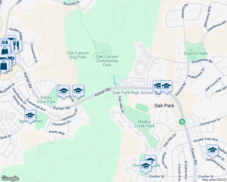 map of restaurants, bars, coffee shops, grocery stores, and more near 578 Water Oak Lane in Oak Park