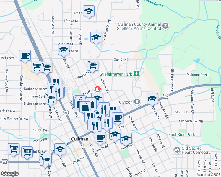 map of restaurants, bars, coffee shops, grocery stores, and more near 408 Clark Street Northeast in Cullman