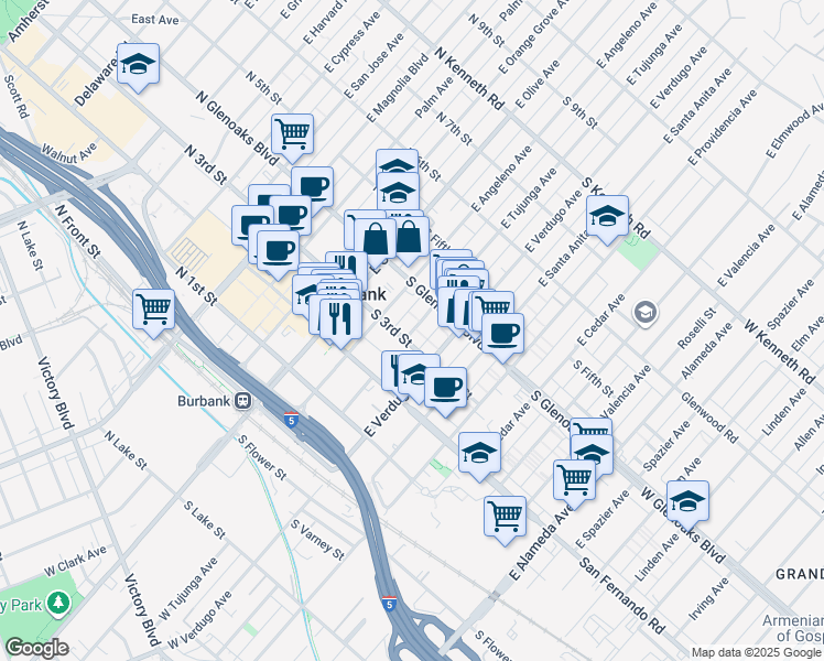 map of restaurants, bars, coffee shops, grocery stores, and more near 300 East Tujunga Avenue in Burbank