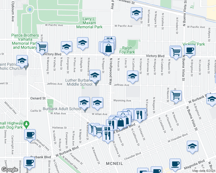 map of restaurants, bars, coffee shops, grocery stores, and more near 1736 North Pepper Street in Burbank