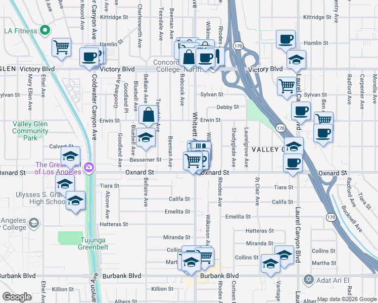 map of restaurants, bars, coffee shops, grocery stores, and more near 6039 Whitsett Avenue in Los Angeles