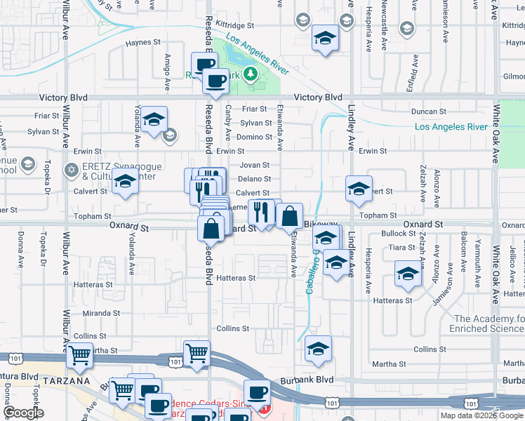 map of restaurants, bars, coffee shops, grocery stores, and more near 18334 Bessemer Street in Los Angeles