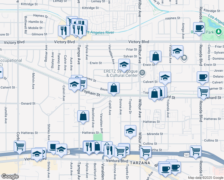 map of restaurants, bars, coffee shops, grocery stores, and more near 19132 Bessemer Street in Los Angeles