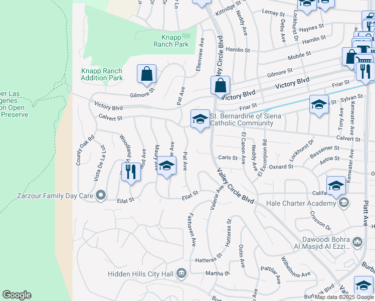 map of restaurants, bars, coffee shops, grocery stores, and more near 6025 Pat Avenue in Los Angeles