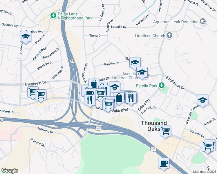 map of restaurants, bars, coffee shops, grocery stores, and more near 160 Gazania Court in Thousand Oaks