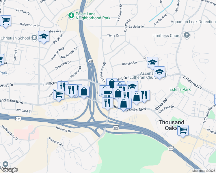 map of restaurants, bars, coffee shops, grocery stores, and more near 151 North Rancho Road in Thousand Oaks