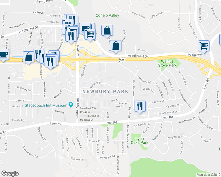 map of restaurants, bars, coffee shops, grocery stores, and more near in Thousand Oaks