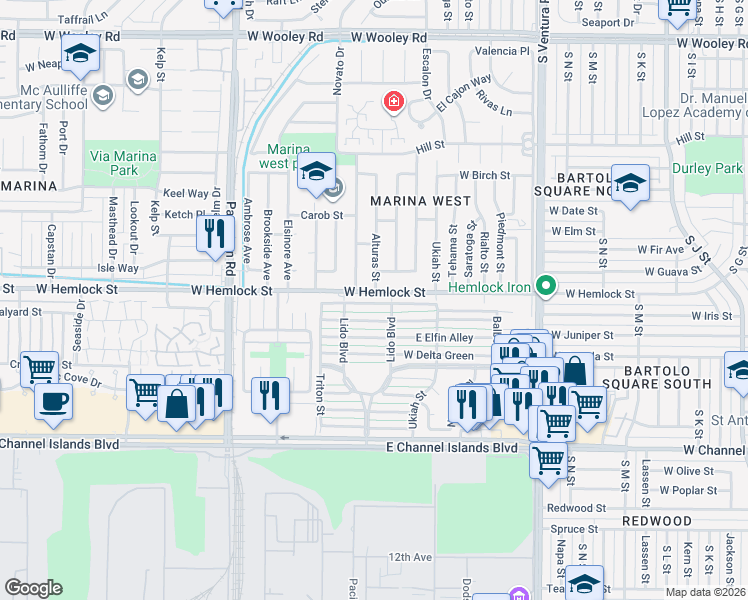 map of restaurants, bars, coffee shops, grocery stores, and more near 33 West Garden Green in Port Hueneme